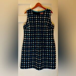 British Boden 60’s Blue Teal Polka Dot Wool Tweed Moon Shift Dress UK 18 US 14